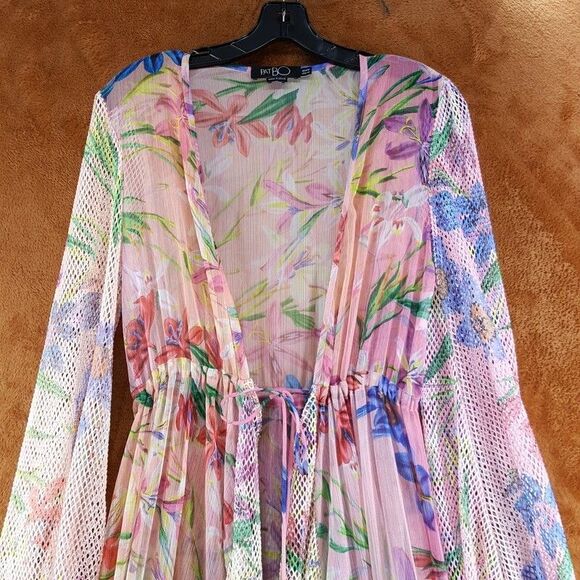 PATBO Womens Dress XS Pink Iris Floral Crochet Robe Tie Front Cascading Sheer - Picture 3 of 14
